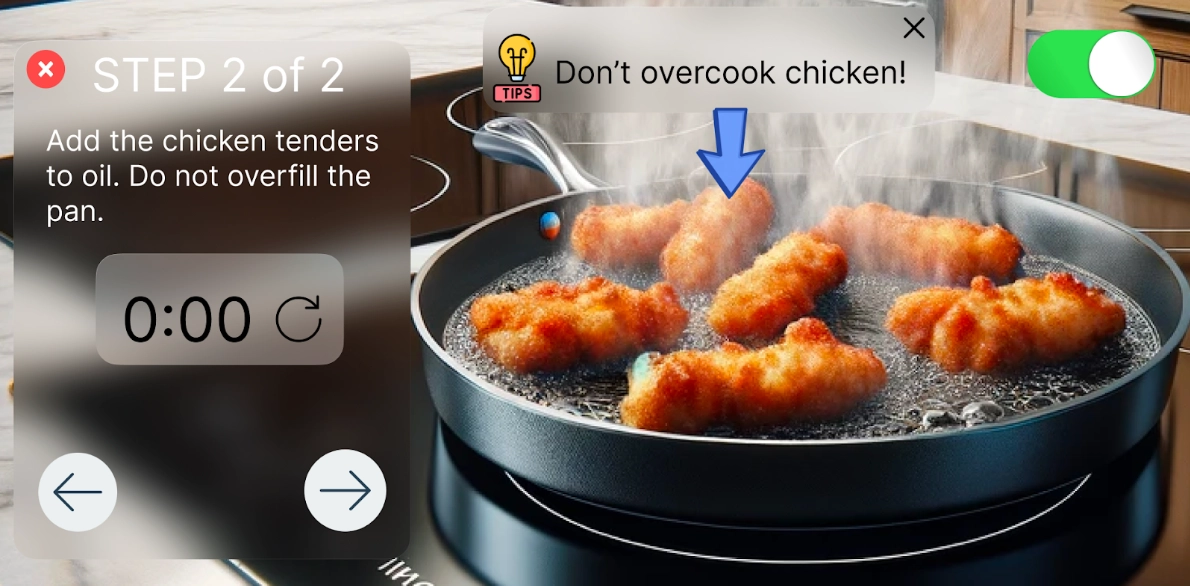 Image showing a tab with Step 2 displayed and cooking tips for the step.