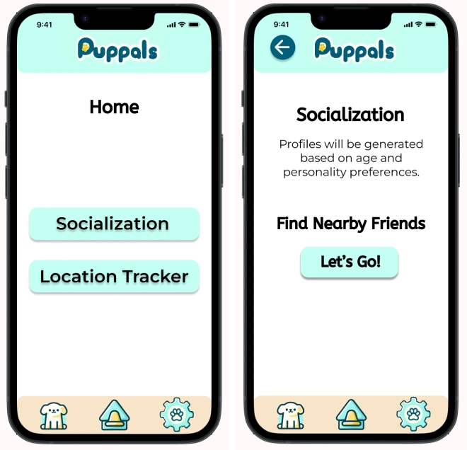 Home screen with two critical task pathways of socialization and location tracker (left), Screen for starting the socialization, which is by finding nearby friends (right).