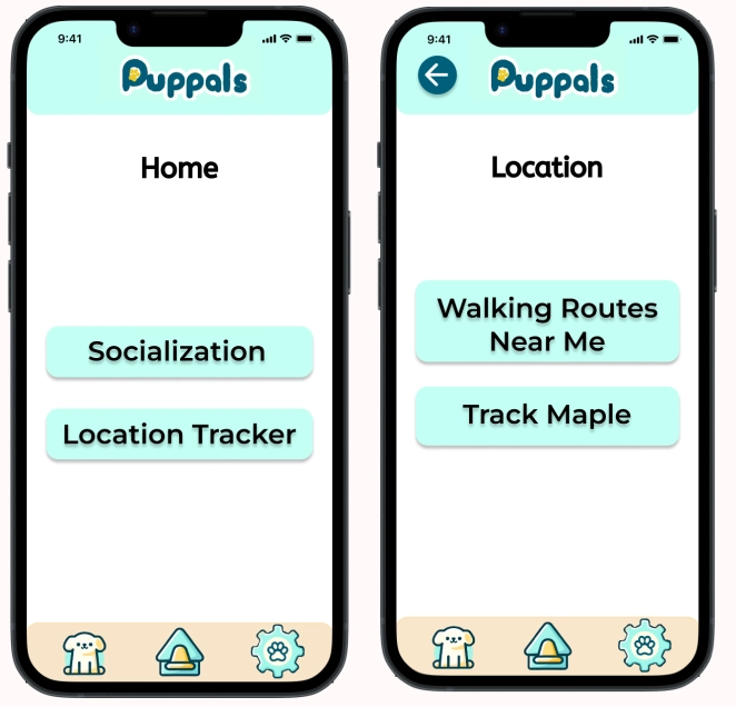 Home screen with two critical task pathways of socialization and location tracker (left), Screen with features of location tracker pathway (right).