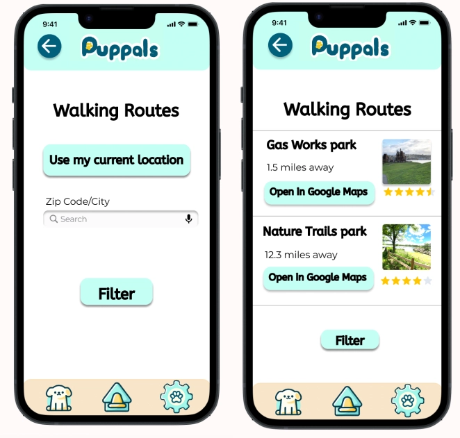 Screen showing the location tracking features on the PupPals app (left), Screen displaying local walking routes based on the nearest location (right).