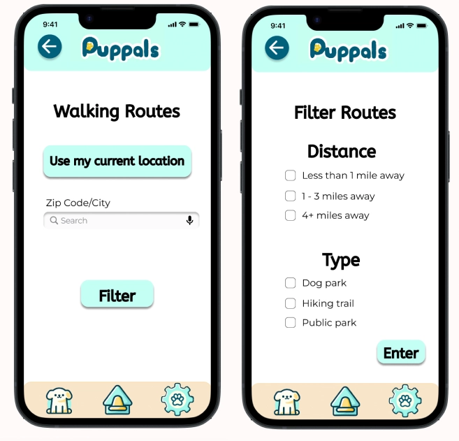 Screen for entering zip code or nearest city (left), Screen for filtering the walking routes for the dog (right).