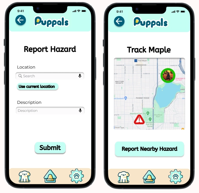 Screen for reporting hazards with user location and desription (left), Screen for tracking dog's location (right).