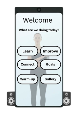 Smart mirror home screen showing options like Learn, Improve, Connect, Goals, Warm-up, and Gallery.