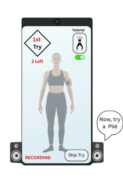 Smart mirror displaying a dancer with real-time form corrections and recording indicators.