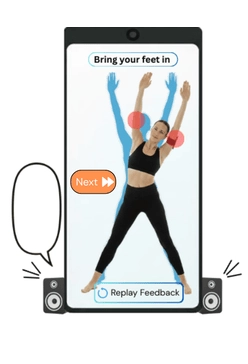 Smart mirror showing a dancer with on-screen corrections for arm placement and leg alignment, plus Done and Replay Feedback buttons.