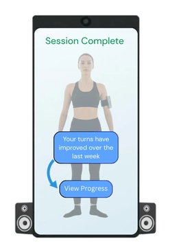Smart mirror showing a ‘Session Complete’ screen with feedback noting improved turns and a View Progress button.