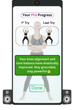 Smart mirror displaying before-and-after images for plié progress with highlighted improvements and a Done button.