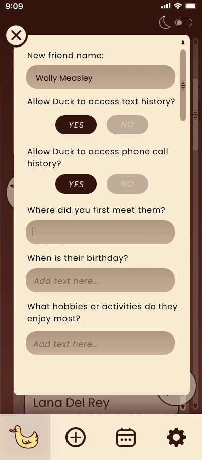 Adding friend with a list of questions including their name and basic information.