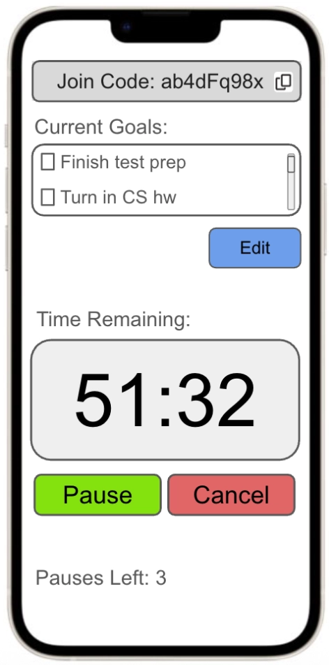 A high-fidelity mobile screen showing a countdown timer at "51:32". It features a green "Pause" button and a red "Cancel" button, with a specific counter at the bottom reading "Pauses Left: 3", demonstrating the compromise between discipline and flexibility.