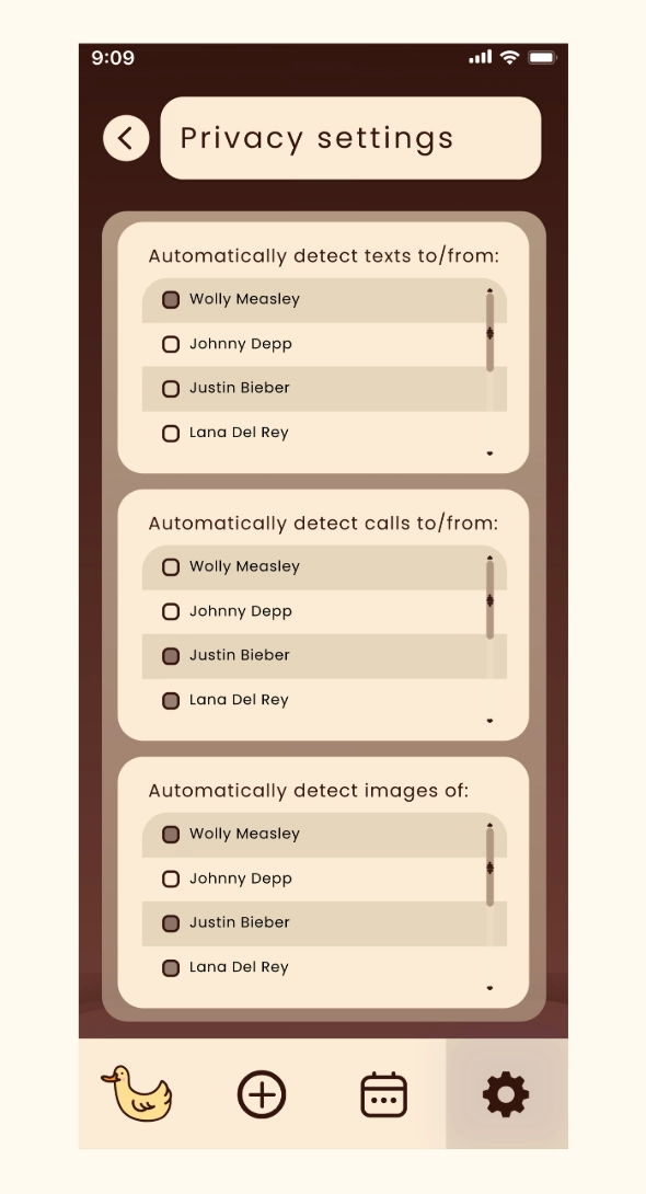 An image of a phone screen with a title of Privacy Settings and options to change automatic detection per friend.
