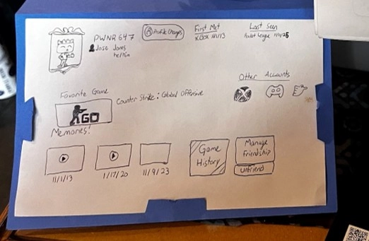 The previous handwritten design of profile page of Netizen, showing profile name, icon, button of Profile Changes, button of Manage Friendship, favorite games, highlighted memories with a list of video memories, button of Game History, and button of connected accounts.
