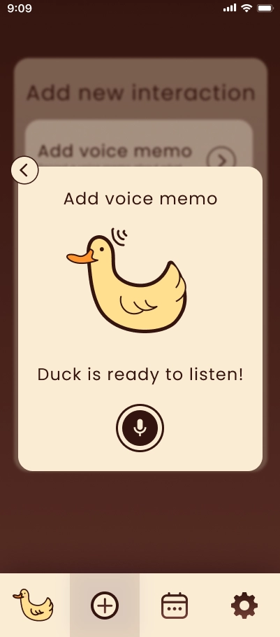 Recording screen with a duck saying duck is ready to listen with a start recording button.
