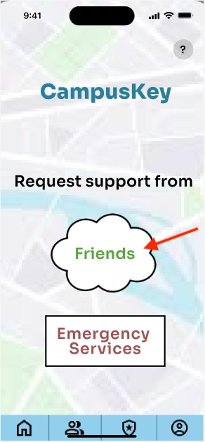 Mobile app image that shows where to click on home page to contact trusted friends for support.