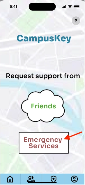 Mobile app that indicates where to click on emergency services button on the main home page.