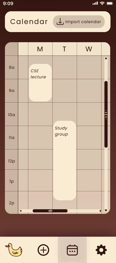 Calendar screen with two blocks imported, CSE lecture and study group.