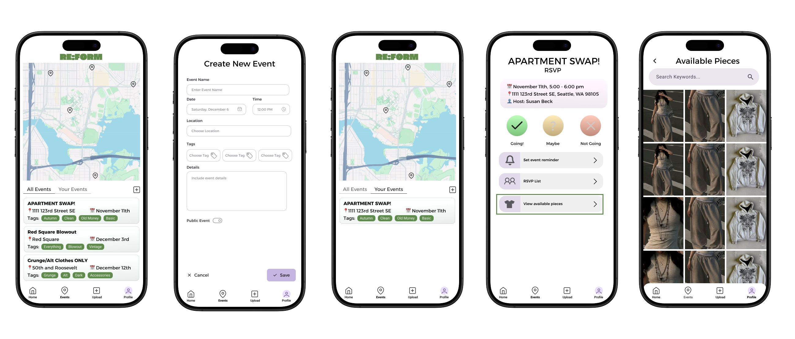 Various screens showing how users can create and join events.