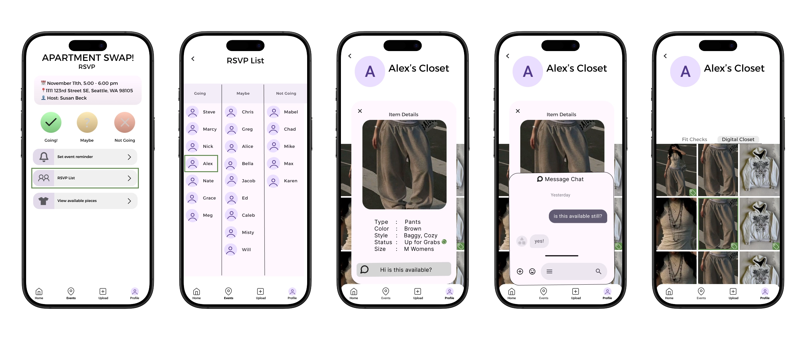 Various screens showing how users explore one specific event.