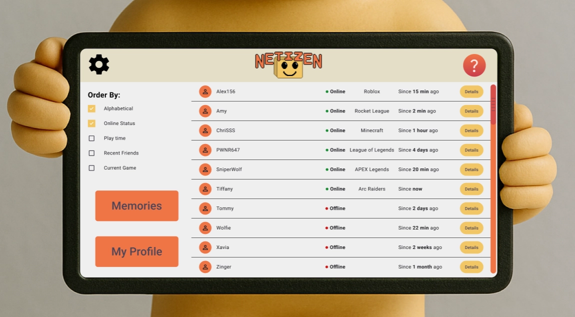 Main screen on the Netizen display. Showcases the user's friends list.