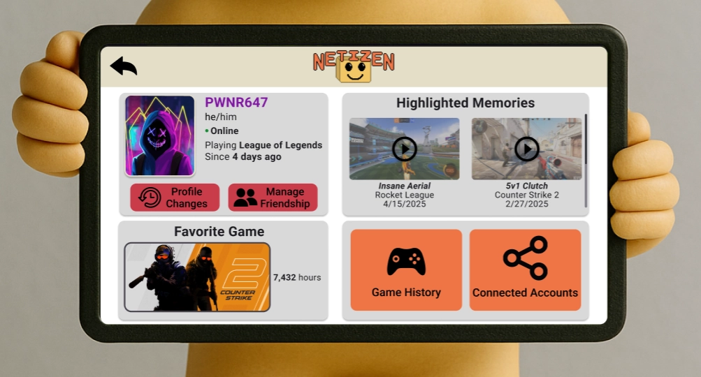 The friends profile provide information such as friends information, game history, highlighted memories, and connected accounts.