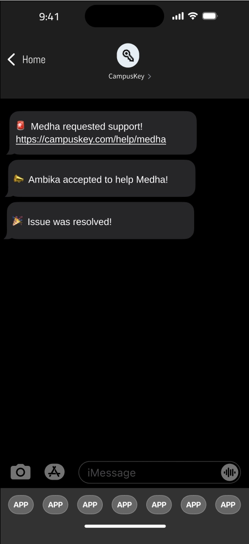 Text images to friend about status updates on user's request for support and whether other friends have accepted / denied.