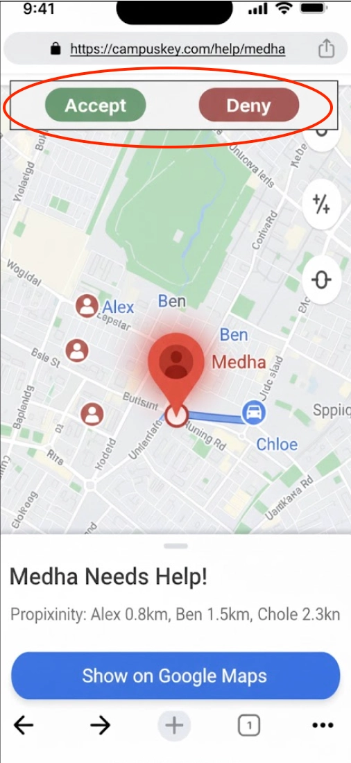 Same image of the page of locations but indicating that friend can accept or deny to support user.