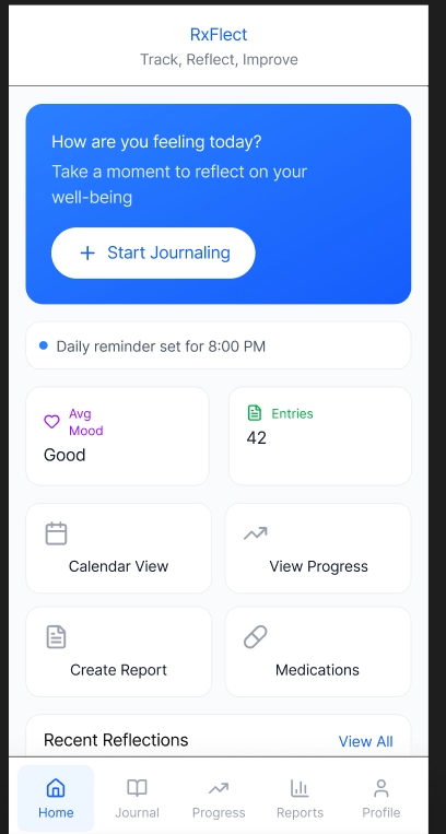 Home page for our app Rxflect. It showcases a start journaling button, daily reminder bar, average moodthe number of entries made, a calendar view button, view progress button, create report button, medication button, and an ability to scroll down to view recent reflections