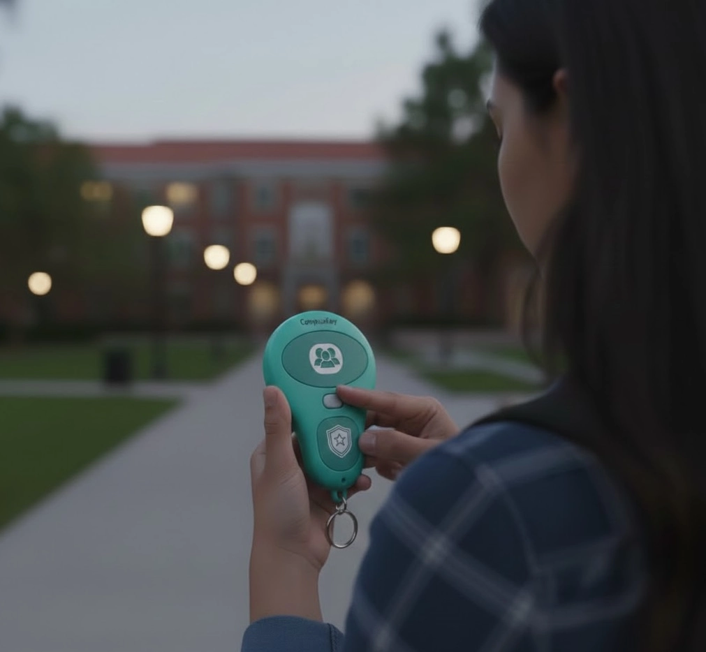 Image of person using CampusKey keychain in a campus.