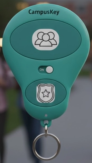 After image of keychain prototype with 2 buttons, activation lever, and no pattern clicking.