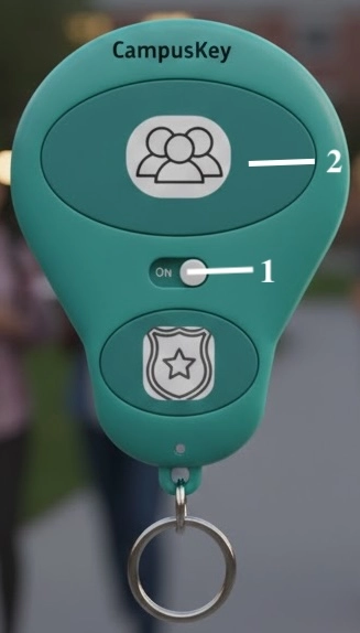 Image of Campus Key keychain and numbers indicating to first switch the safety lever, then click on the button with friend illustration.