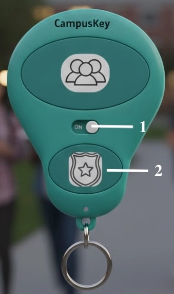 Keychain that indicates to first switch safety activation and then click on the emergency services button.