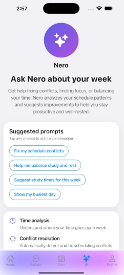 Revised Nero screen featuring onboarding text and suggested prompts for planning and reflection.