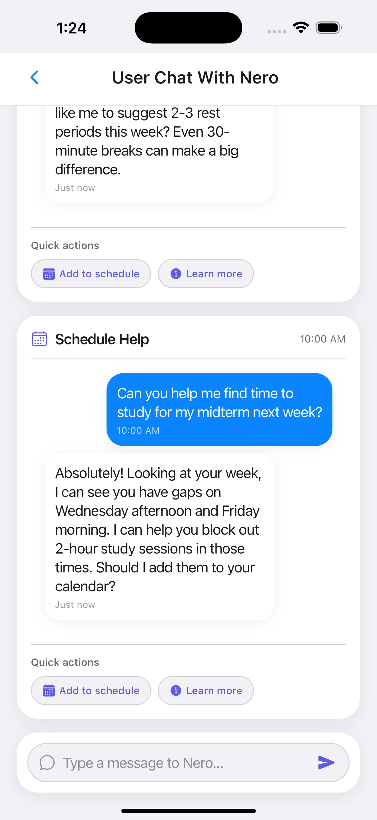 Chat with Nero where the assistant suggests specific study blocks to add to the schedule.