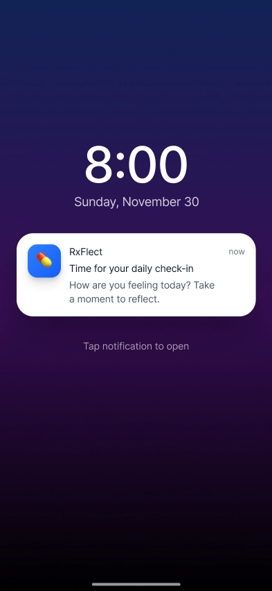 A phone screen that lights up recieving a notification from Rxflect to do your daily check-in.