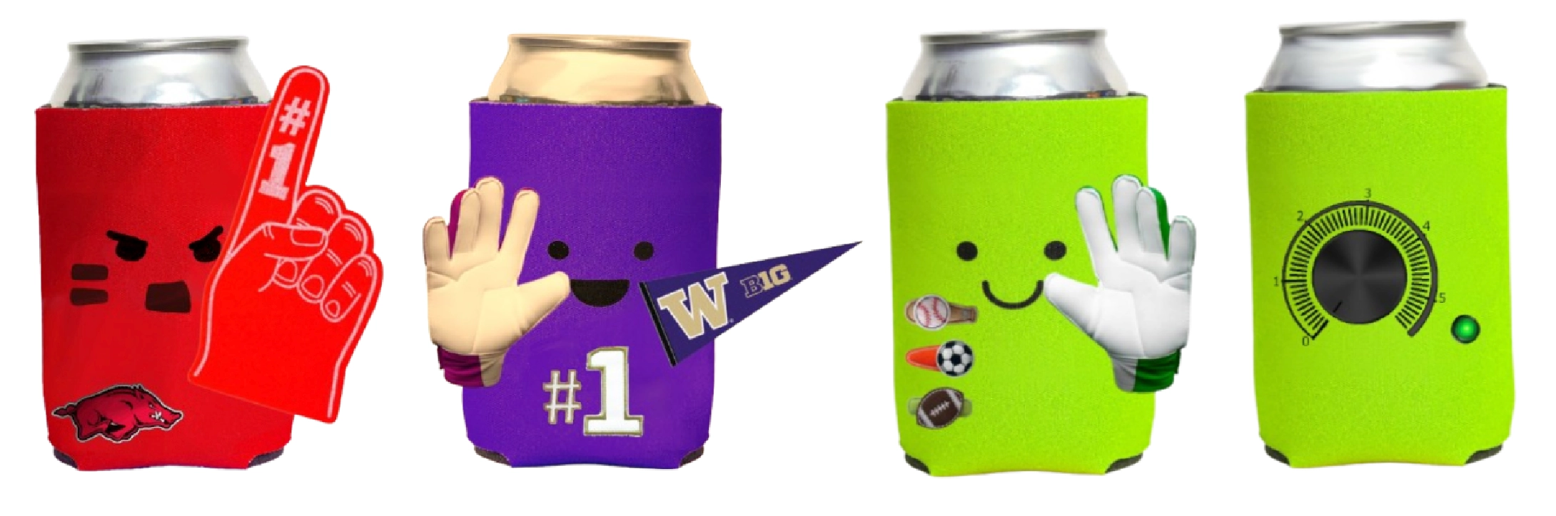Four koozies standing in a row with the first in red, second in purple and the remaining in green.