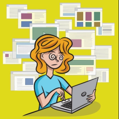 Confused woman looks at computer info