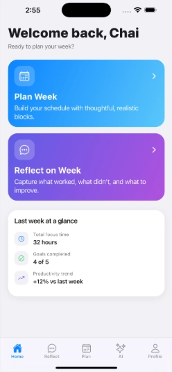 Paper prototype screens laid out showing early versions of reflection, Nero, and weekly planning without clear navigation.