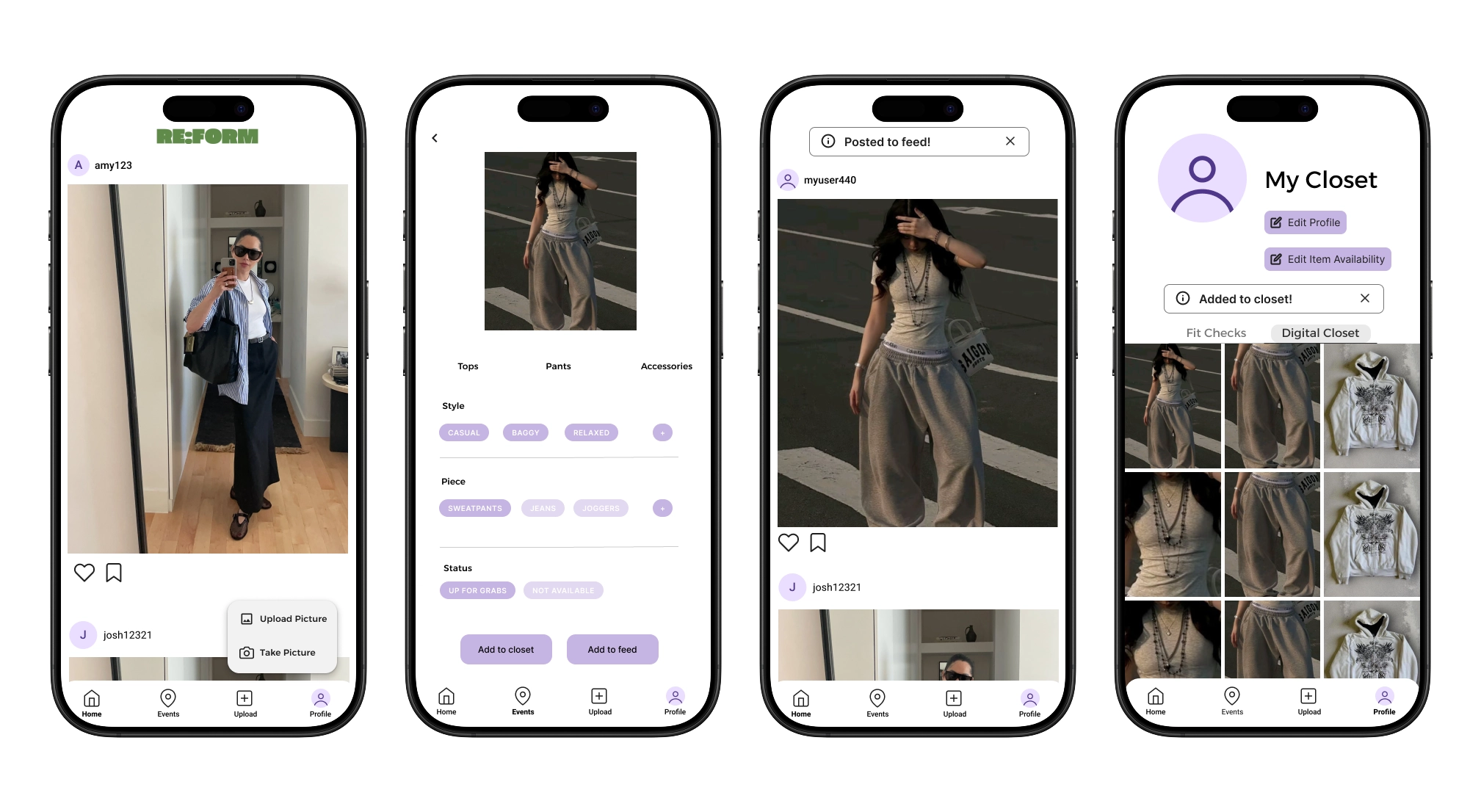 Various screens showing how users can manage their clothing.