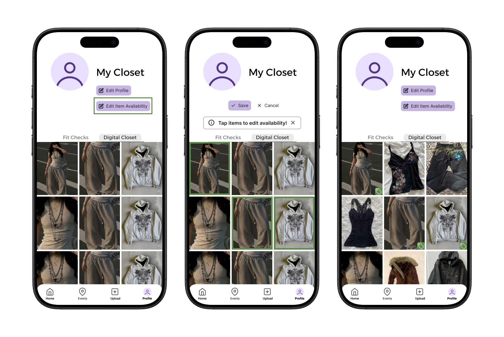 Various screens showing how users can edit availability of clothing.