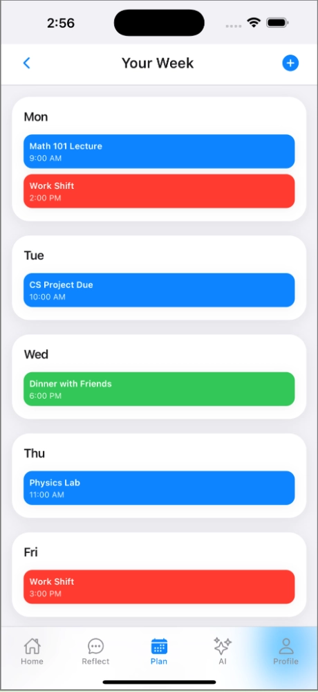 Weekly schedule view showing Nero’s first-pass generated schedule.