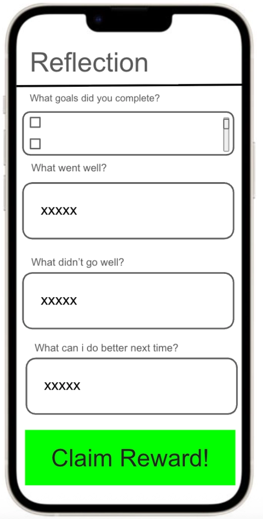 A polished mobile interface where the single question is replaced by a "What goals did you complete?" section containing a specific checklist. This is followed by text input fields for feedback and a large green "Claim Reward!" button.