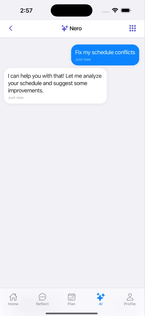 Nero reflection screen prompting the student to describe what felt manageable or overwhelming.