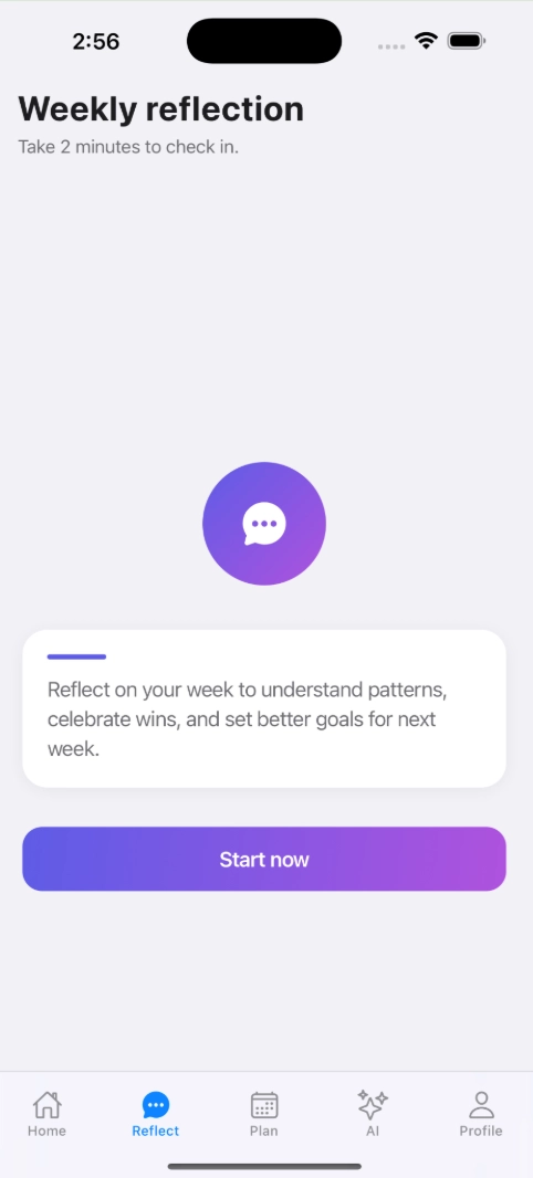 Reflection summary screen showing time spent on school, work, and personal activities in the past week.