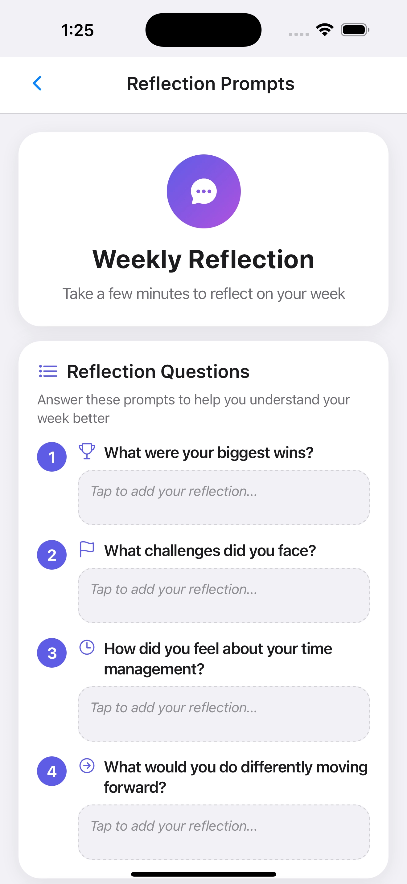 Weekly reflection screen with guided reflection questions.