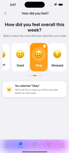 Mood-selection interface where students report how they felt overall during the week.