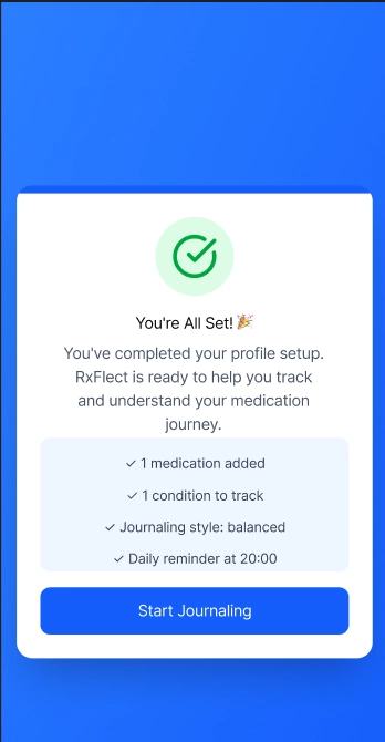 A revised digital calender where now has color icons on a day to indicate different actions a user taken to help select days to put in your report. Blue being you journaled, orange being refilled prescription, and red being you experienced a symptom