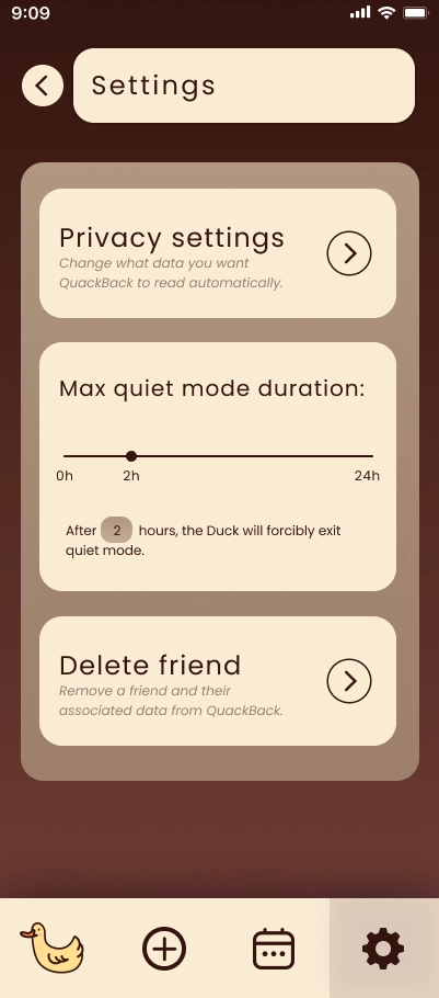 Settings screen with privacy settings button and max quiet mode duration set to 2 hours.