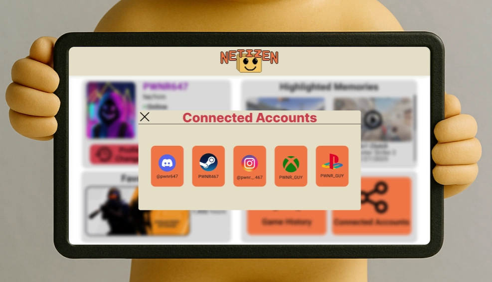 Netizen screen showing all of your friend's connected social platforms.