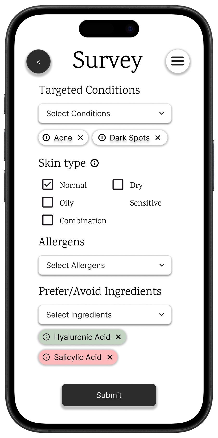 Survey screen for skin conditions.