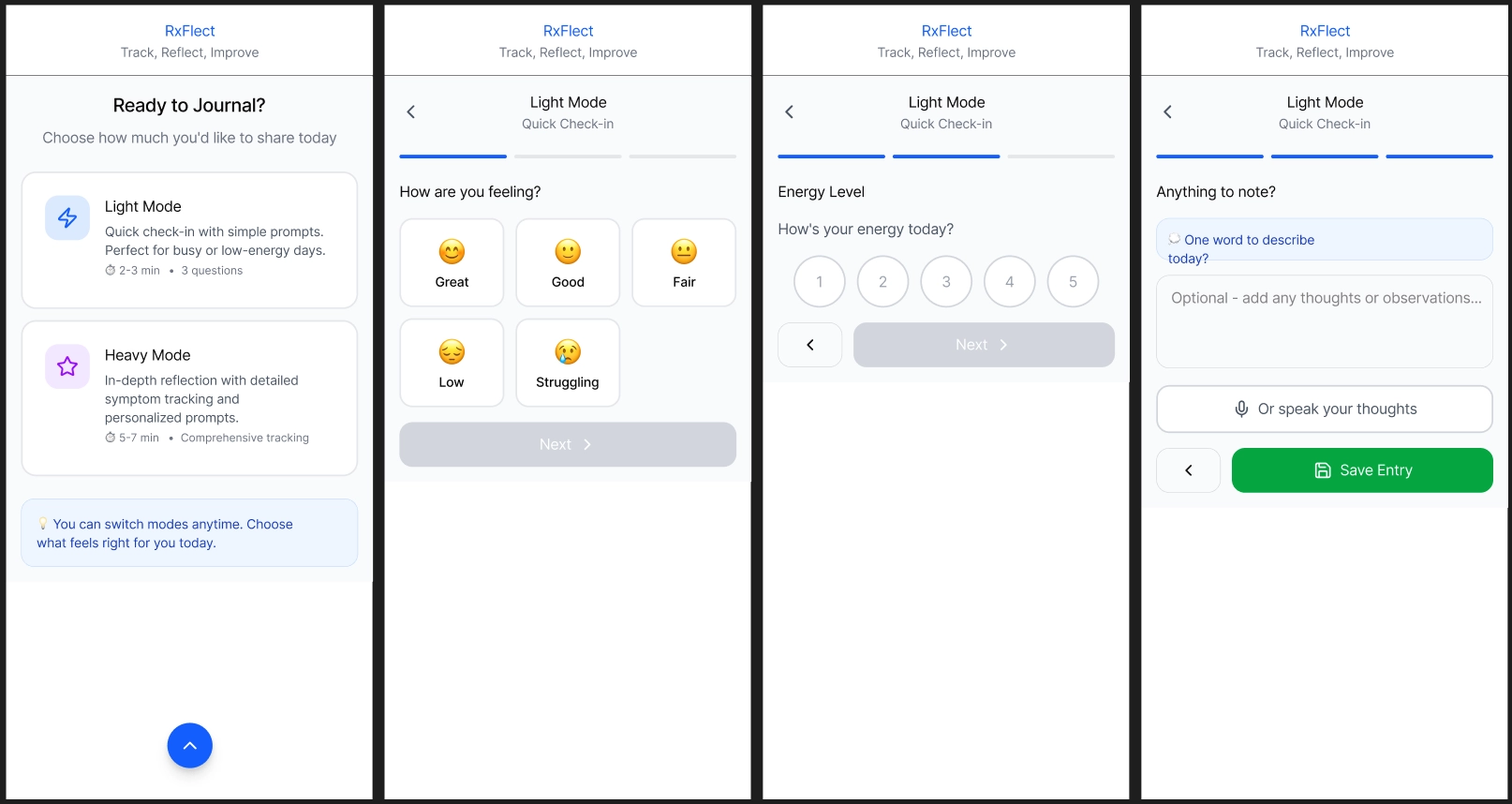 Four images in a series and starting from the very left, is a screen showcasing a light or heavy mode to determine which type of journaling a user want to do.Second image is in light mode, where is it a how are you feeling screen, where you select an emoji going from great, good, fair, low, and struggling.Third image is in light mode, where a screen indicating how is your energy level for today, where the range of input it 1 to 5. The fourth image is in light mode, where it showcases an optional textbox that allows user to write or record down any more thoughts for the day.