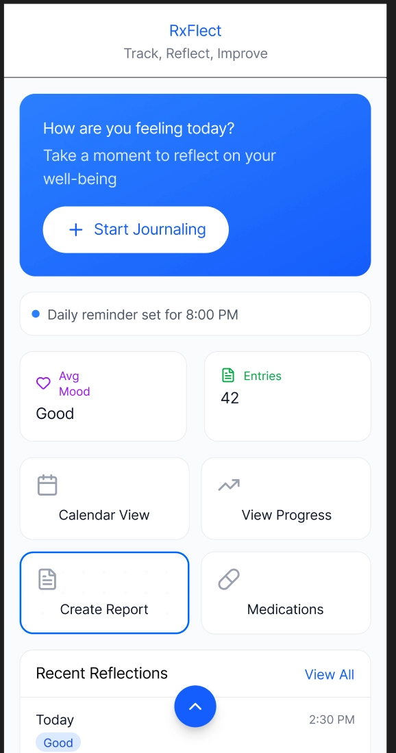 On the home page in Rxflect, you press the create report button to start generating a report.